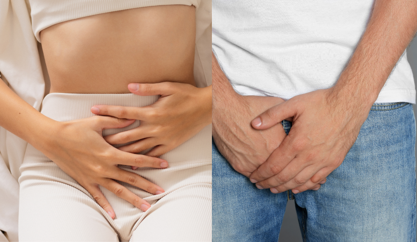 Persona tocando la parte baja del abdomen síntoma de dolor pélvico crónico