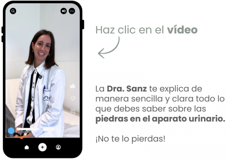 Imagen de un iphone con el video de la Dra. Sanz explicando las piedras en la vía urinaria