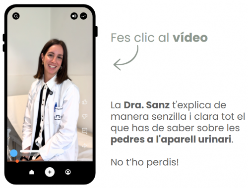 Imagen de un iphone con un video de la Dra. Sanz explicando sobre piedras en las vías urinarias